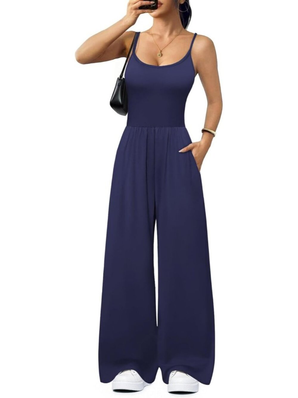 Women's Jumpsuit Navy Blue Sleeveless Tummy Control Wide Leg Pant Summer Romper